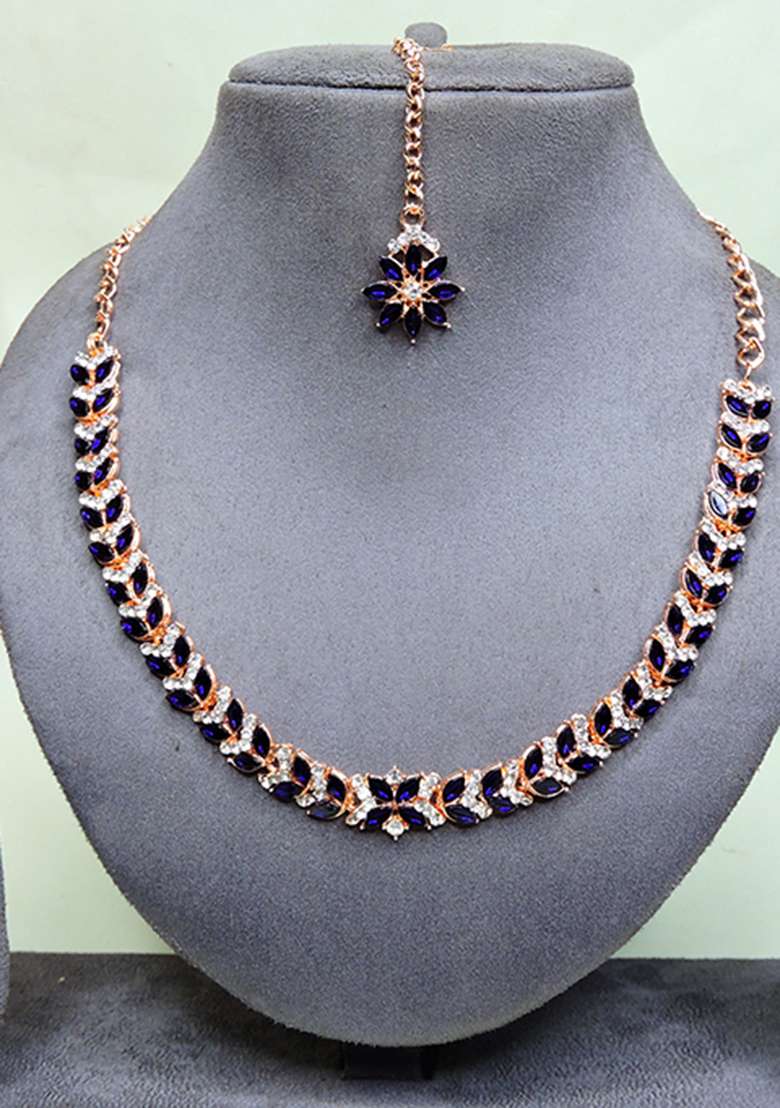 Blue Alloy American Diamonds and Stone Necklace Set - Indya