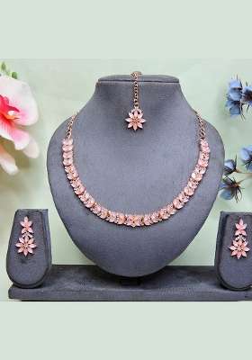 Pink Alloy American Diamonds and Stone Necklace Set