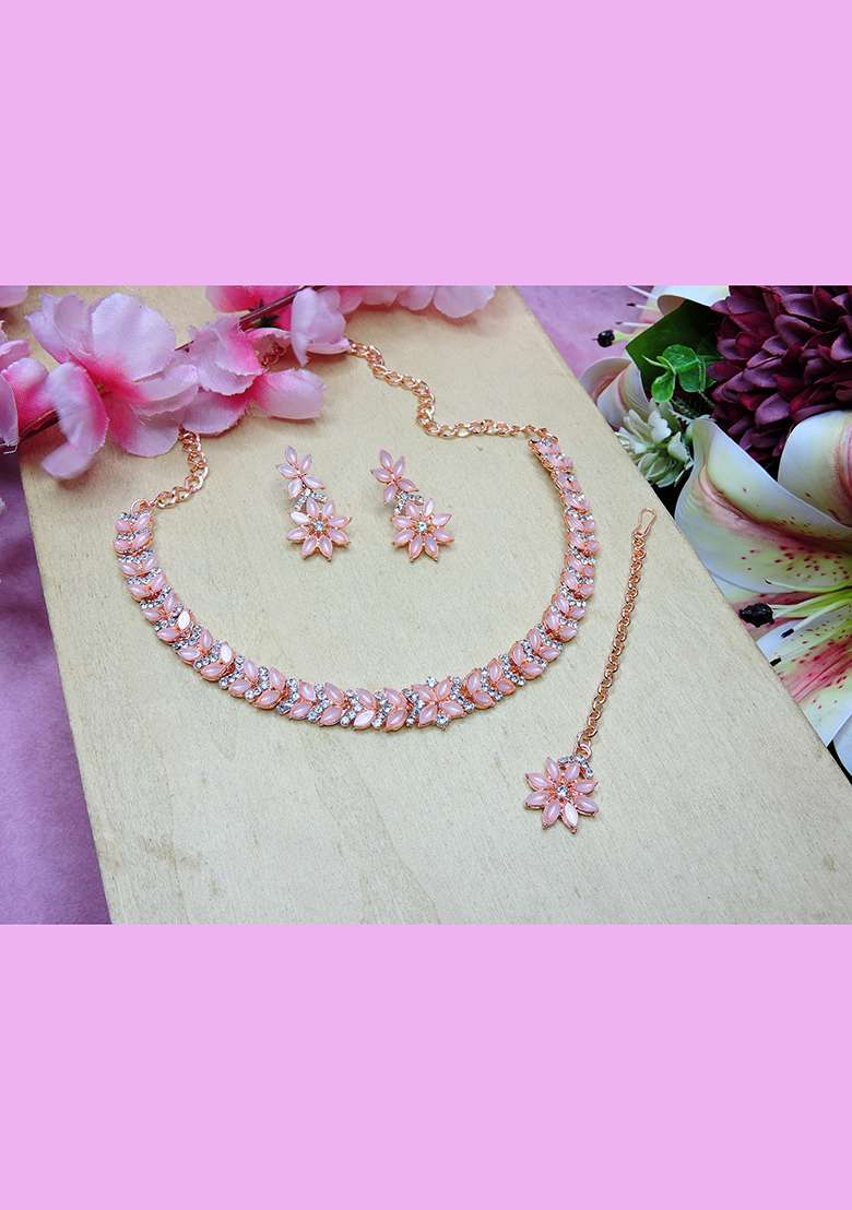Pink Alloy American Diamonds and Stone Necklace Set - Indya