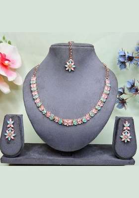 Green Alloy American Diamonds and Stone Necklace Set