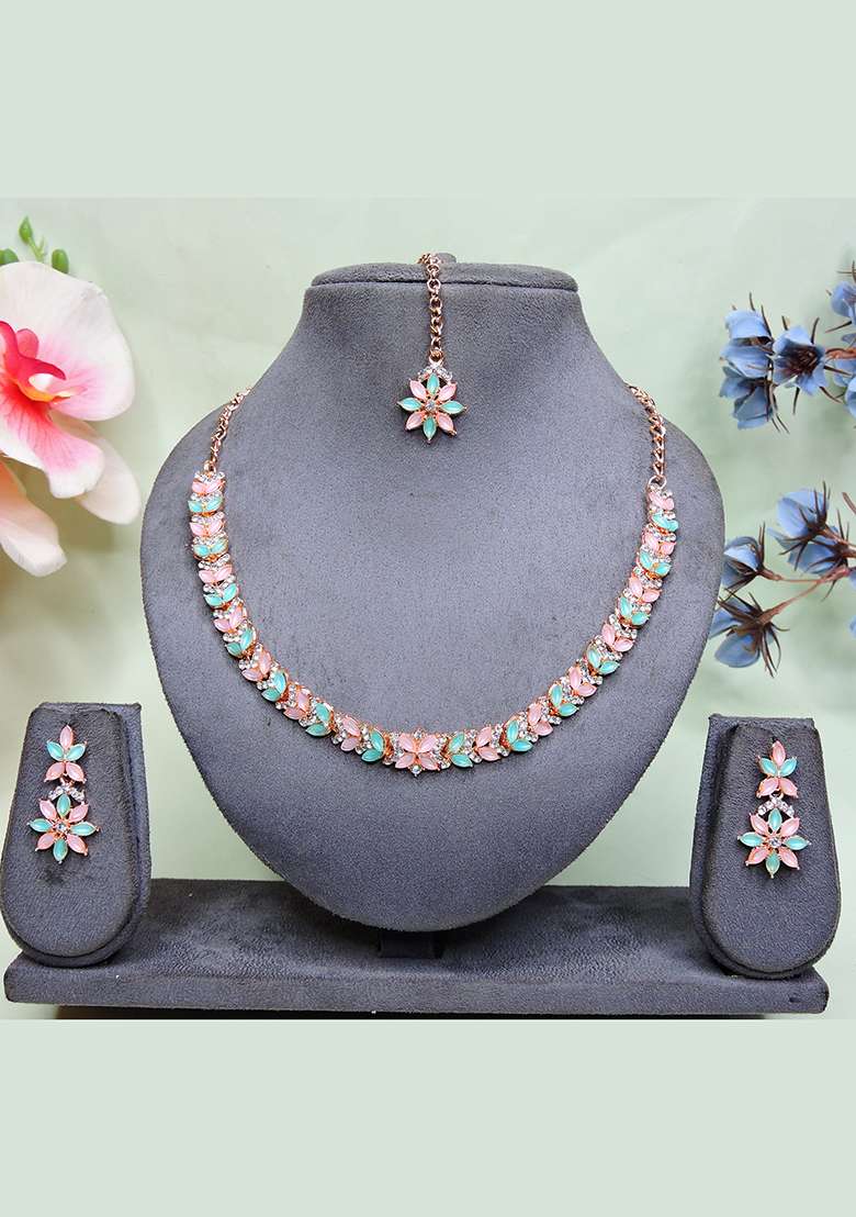 Green Alloy American Diamonds and Stone Necklace Set - Indya
