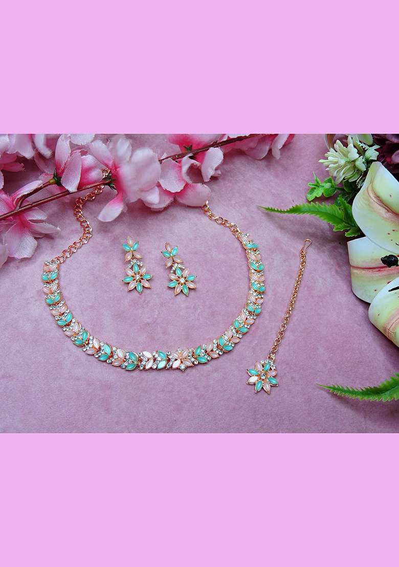 Green Alloy American Diamonds and Stone Necklace Set - Indya