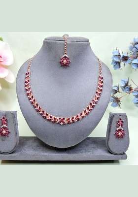 Pink Alloy American Diamonds and Stone Necklace Set