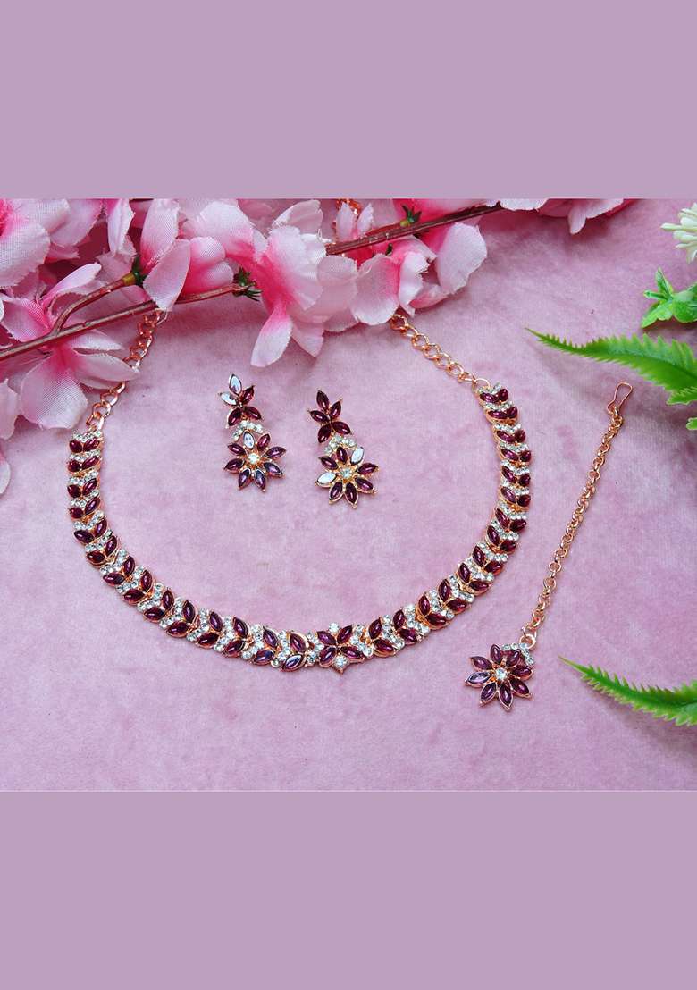 Pink Alloy American Diamonds and Stone Necklace Set - Indya