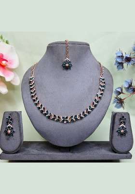 Green Alloy American Diamonds and Stone Necklace Set