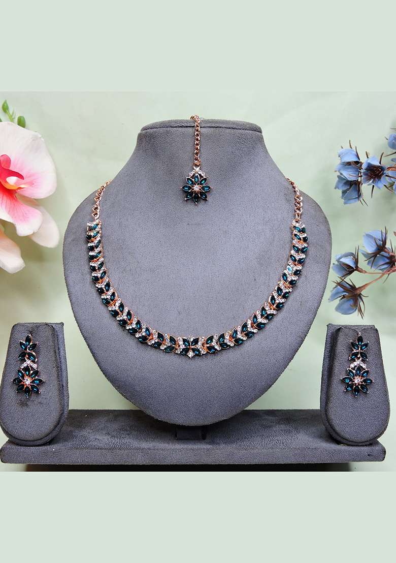 Green Alloy American Diamonds and Stone Necklace Set - Indya