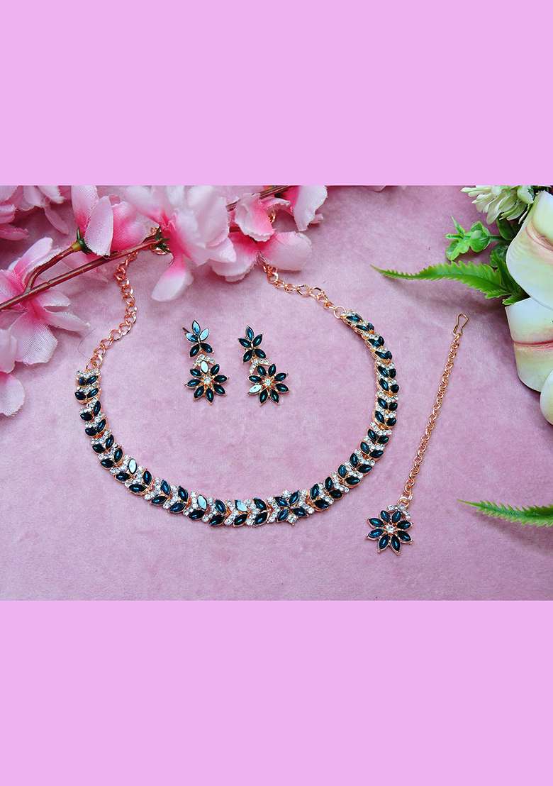 Green Alloy American Diamonds and Stone Necklace Set - Indya