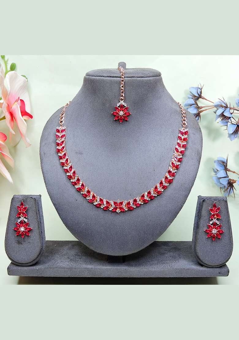 Pink Alloy American Diamonds and Stone Necklace Set - Indya