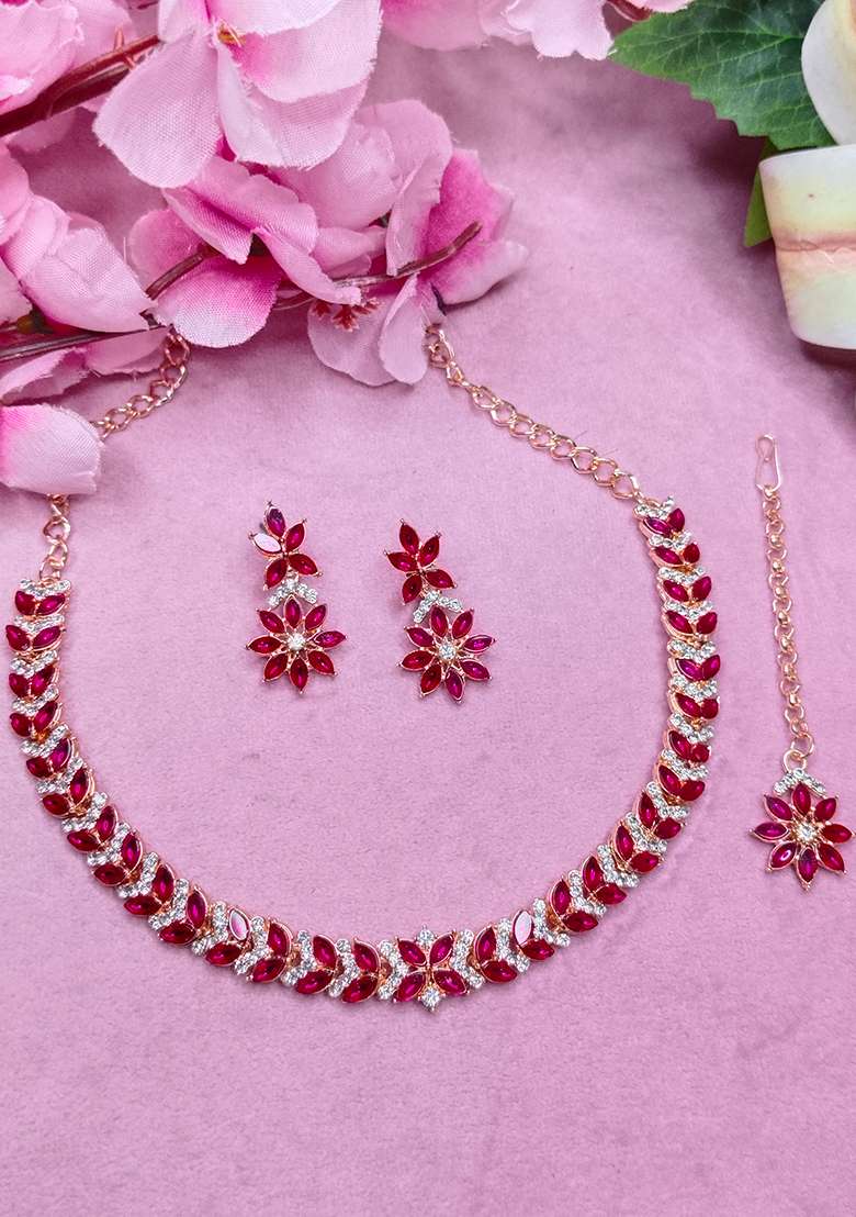 Pink Alloy American Diamonds and Stone Necklace Set - Indya