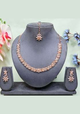 Pink Alloy American Diamonds and Stone Necklace Set