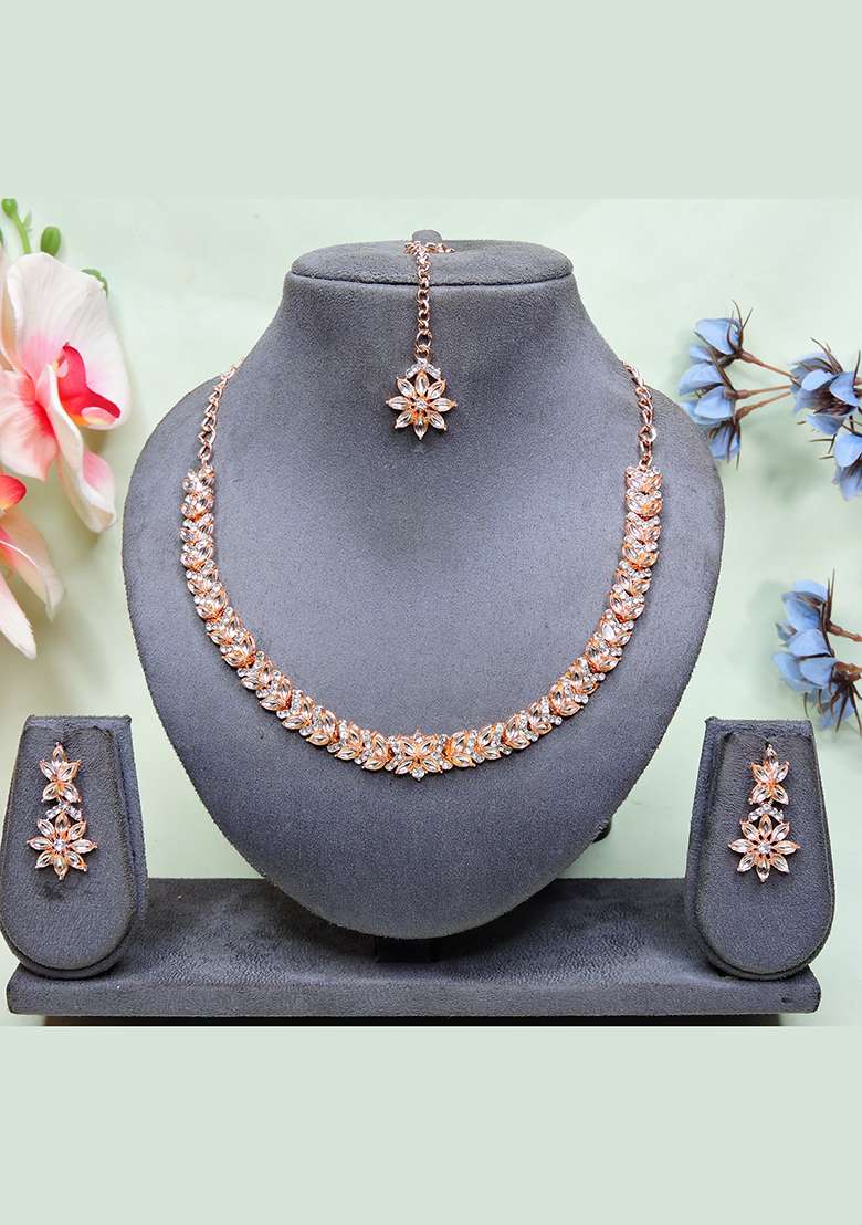 Pink Alloy American Diamonds and Stone Necklace Set - Indya
