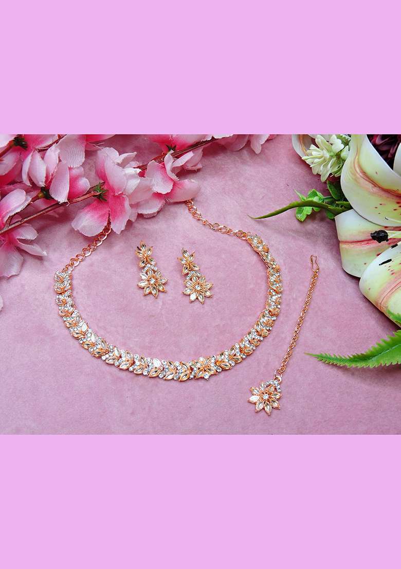 Pink Alloy American Diamonds and Stone Necklace Set - Indya