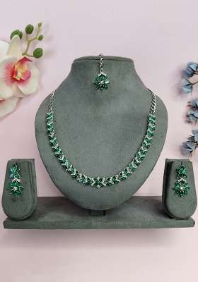 Green Alloy American Diamonds and Stone Necklace Set