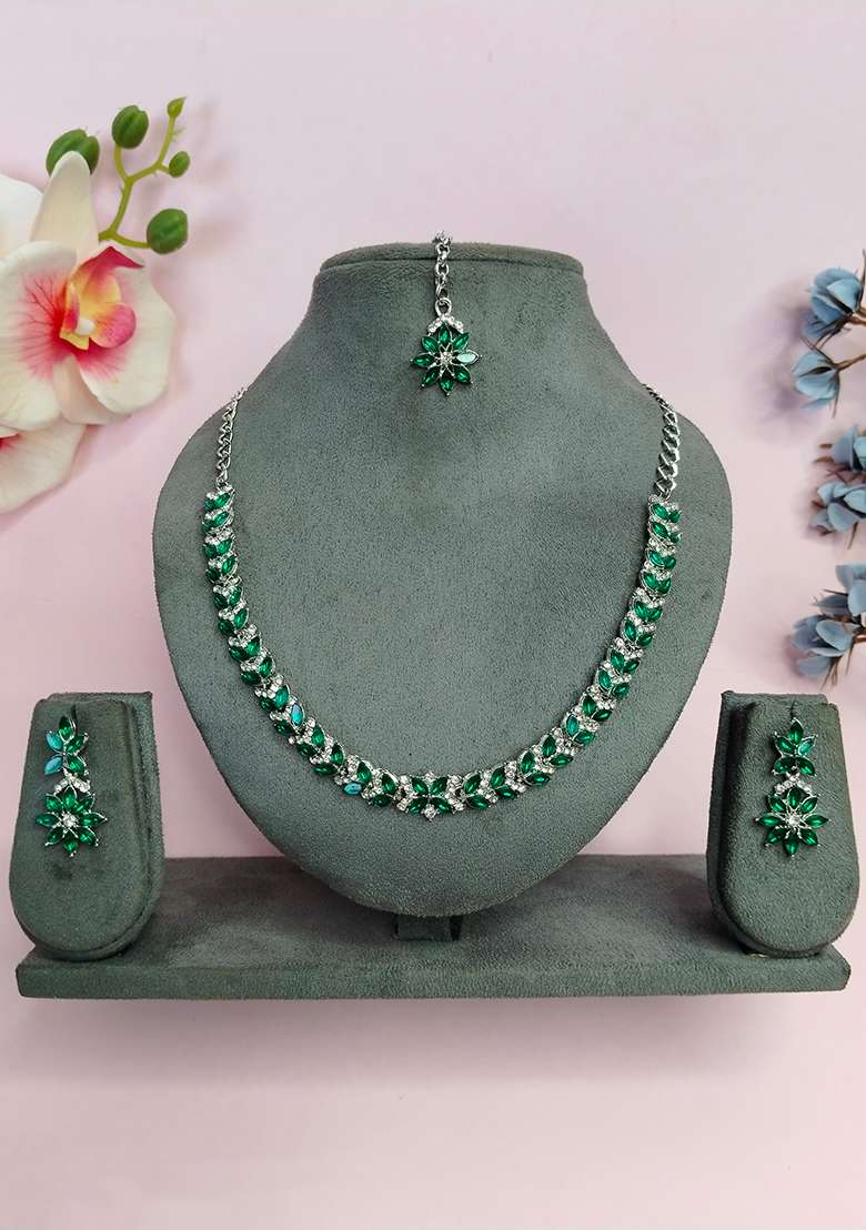 Green Alloy American Diamonds and Stone Necklace Set - Indya