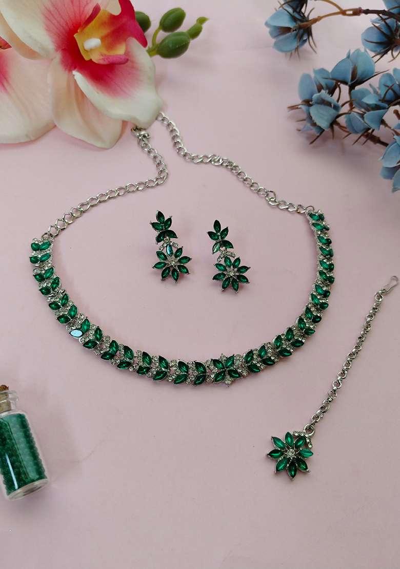 Green Alloy American Diamonds and Stone Necklace Set - Indya