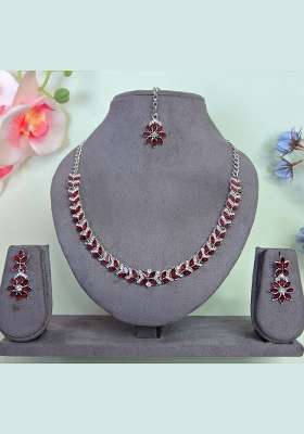 Maroon Alloy American Diamonds and Stone Necklace Set