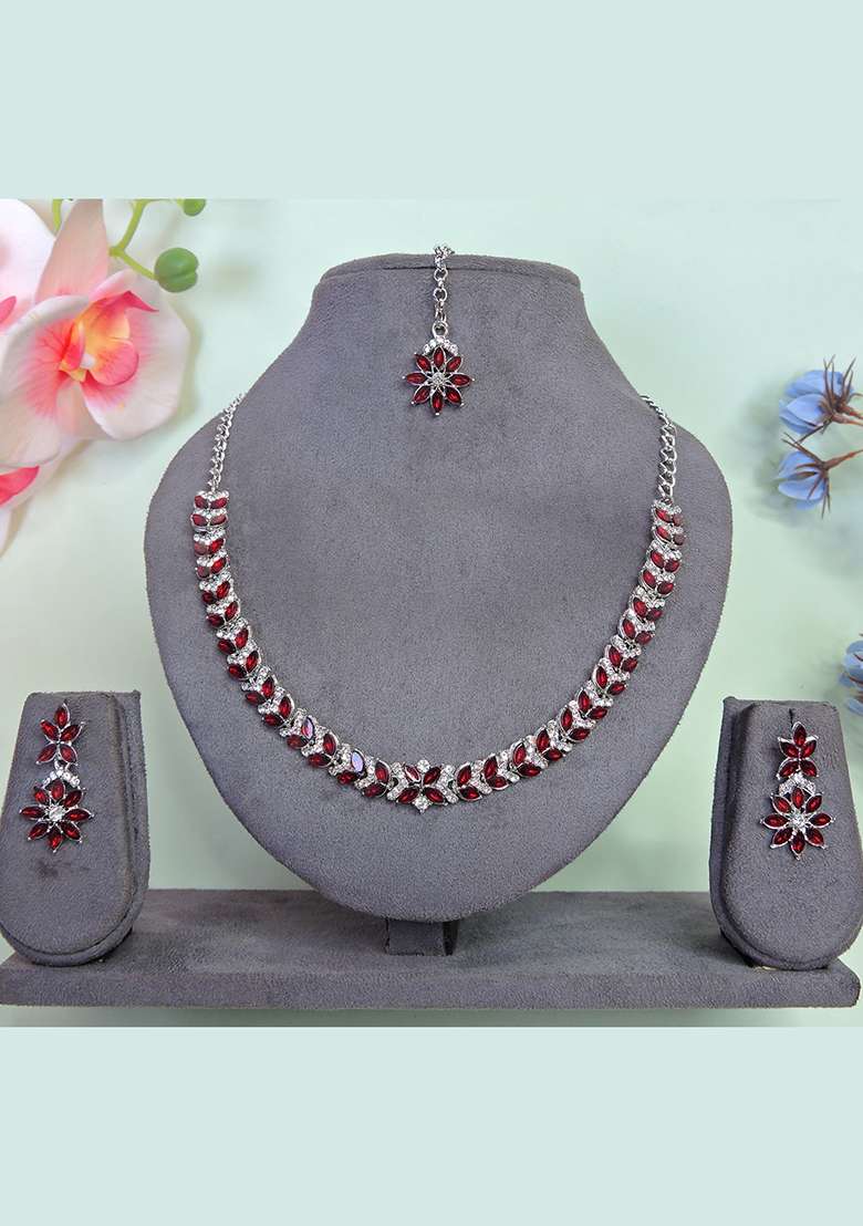 Maroon Alloy American Diamonds and Stone Necklace Set - Indya