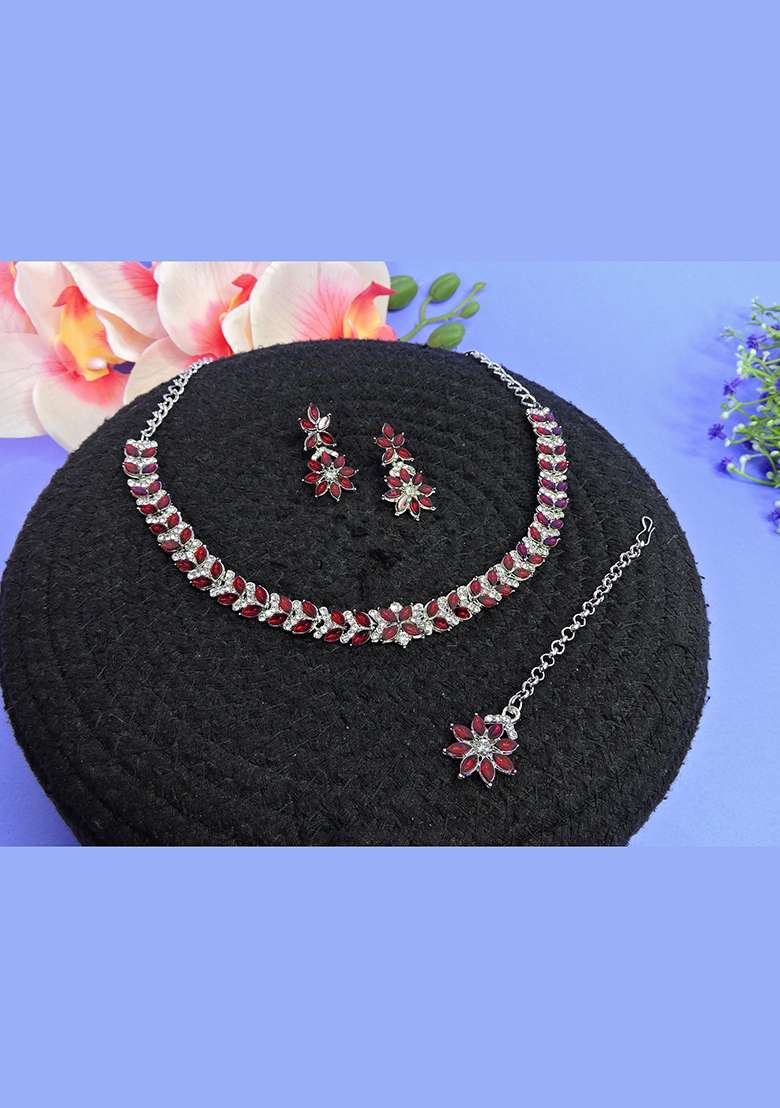 Maroon Alloy American Diamonds and Stone Necklace Set - Indya