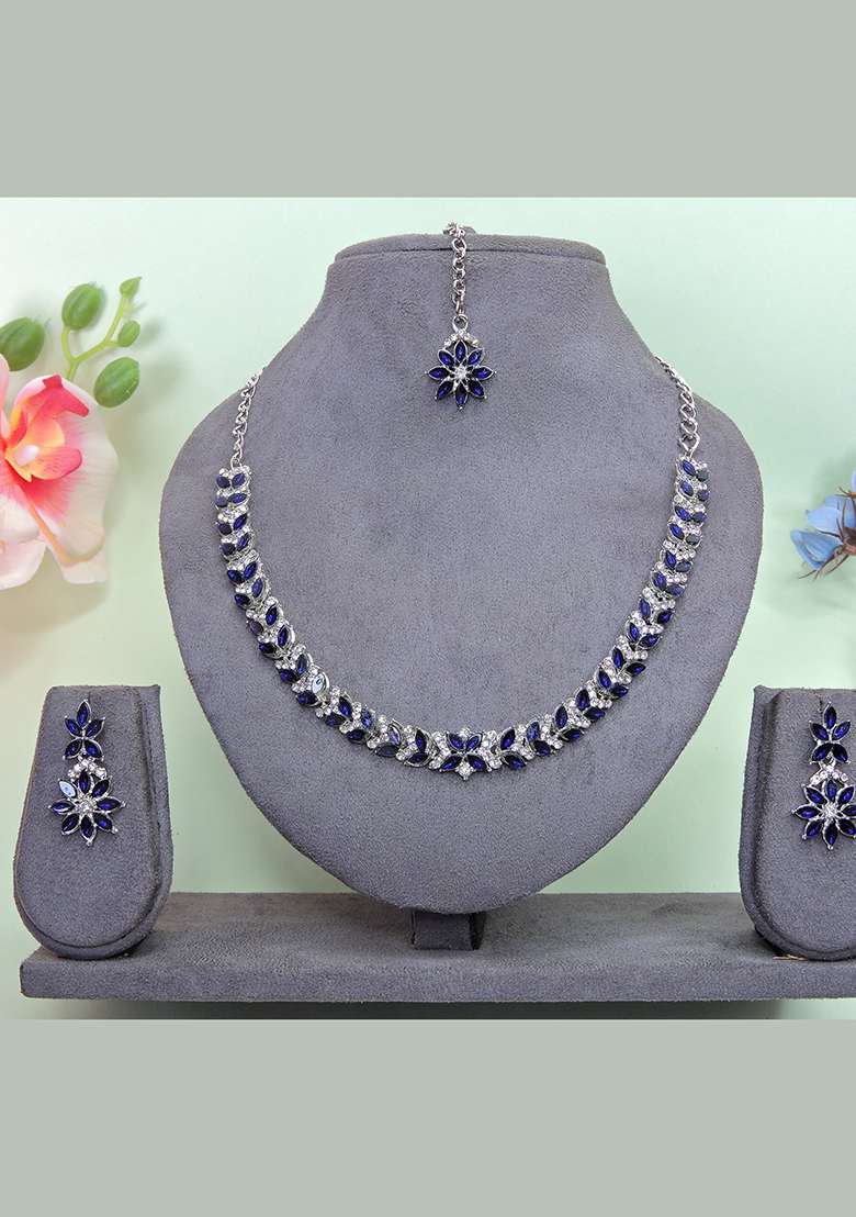 Blue Alloy American Diamonds and Stone Necklace Set - Indya