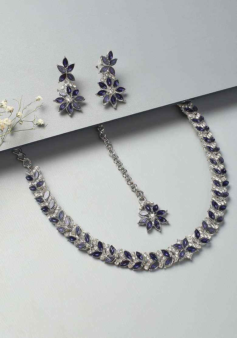 Blue Alloy American Diamonds and Stone Necklace Set - Indya
