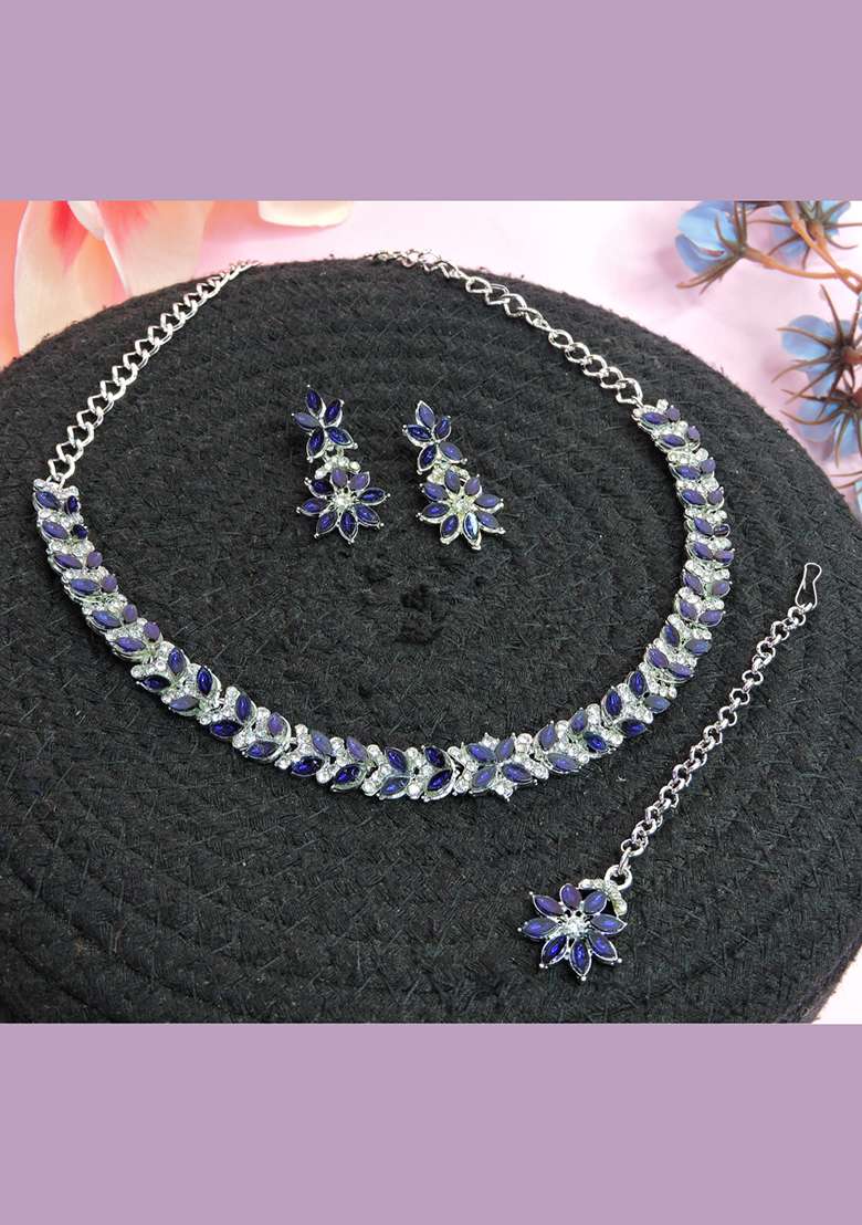Blue Alloy American Diamonds and Stone Necklace Set - Indya