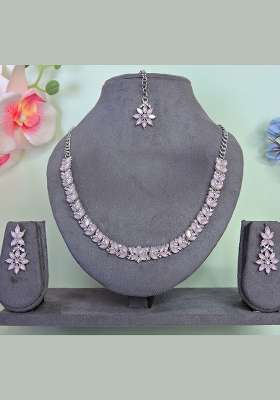 Pink Alloy American Diamonds and Stone Necklace Set