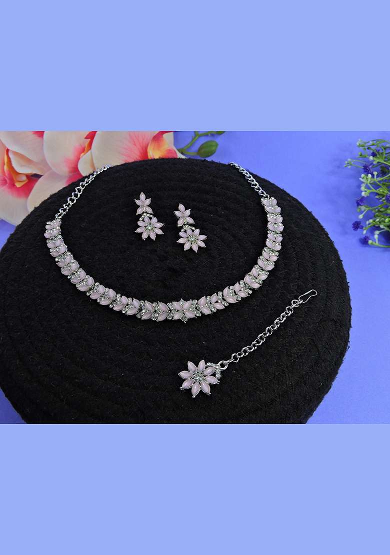 Pink Alloy American Diamonds and Stone Necklace Set - Indya