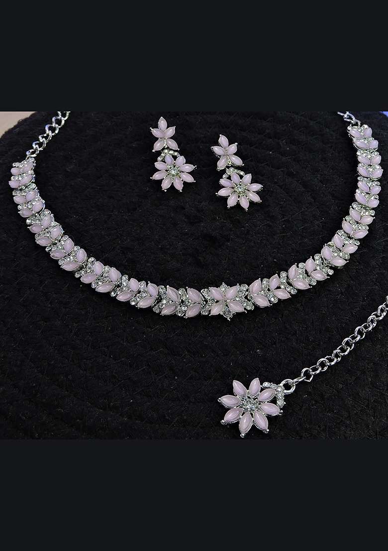 Pink Alloy American Diamonds and Stone Necklace Set - Indya