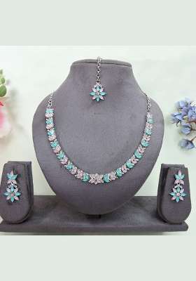 Green Alloy American Diamonds and Stone Necklace Set