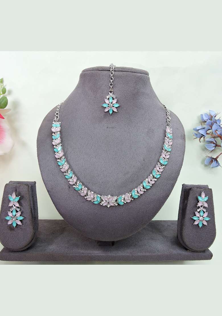 Green Alloy American Diamonds and Stone Necklace Set - Indya