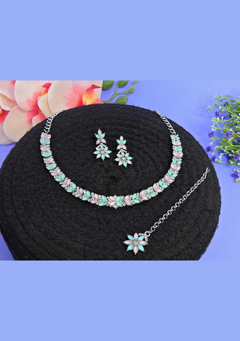 Green Alloy American Diamonds and Stone Necklace Set - Indya