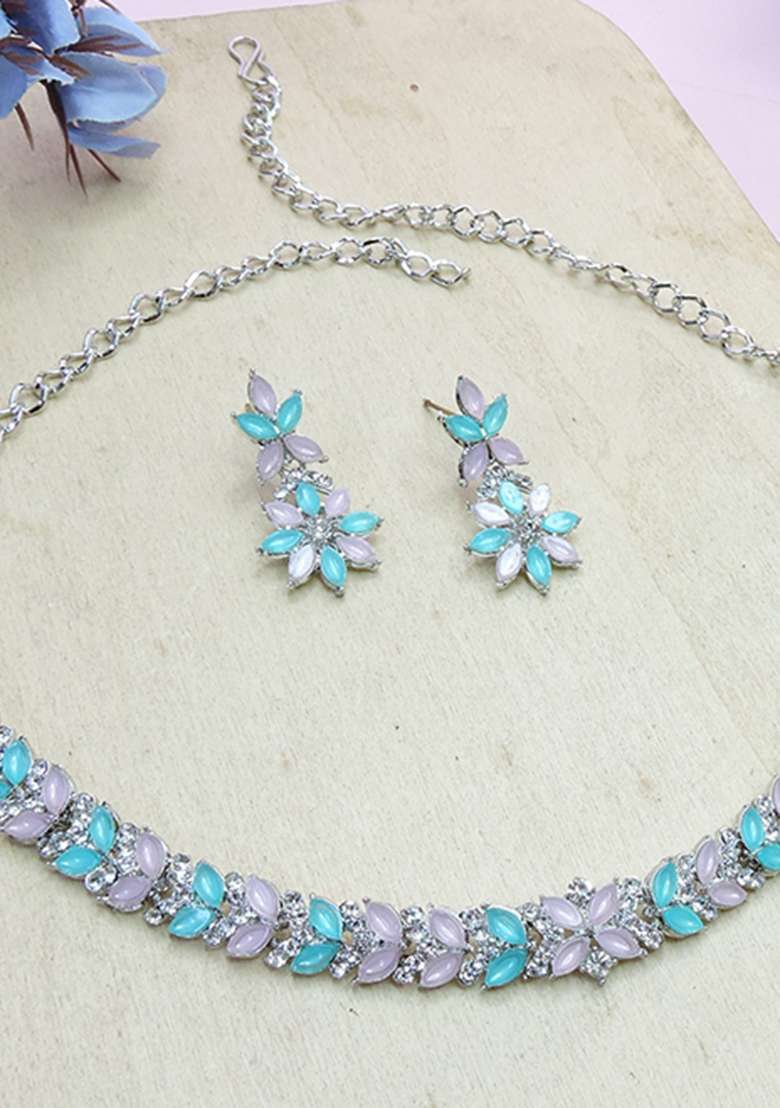 Green Alloy American Diamonds and Stone Necklace Set - Indya