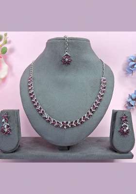Purple Alloy American Diamonds and Stone Necklace Set