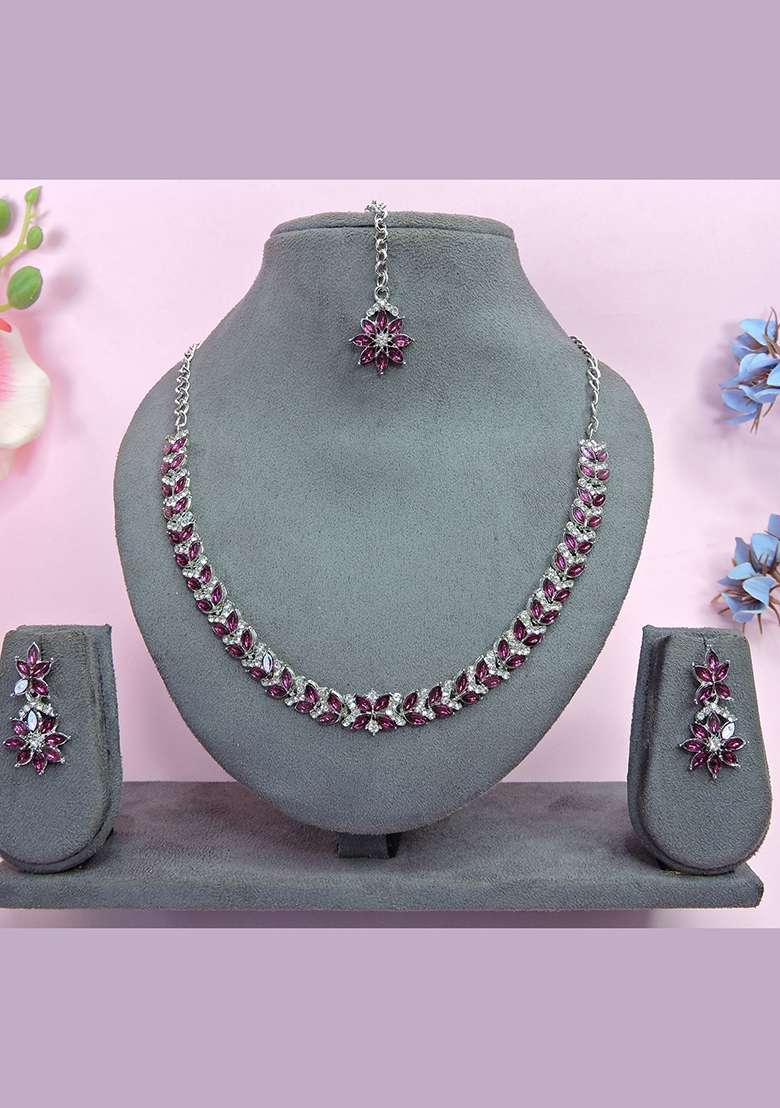 Purple Alloy American Diamonds and Stone Necklace Set - Indya