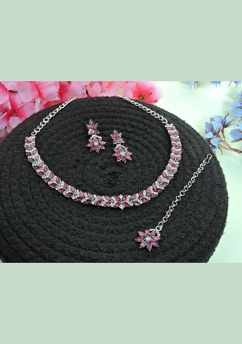 Purple Alloy American Diamonds and Stone Necklace Set - Indya