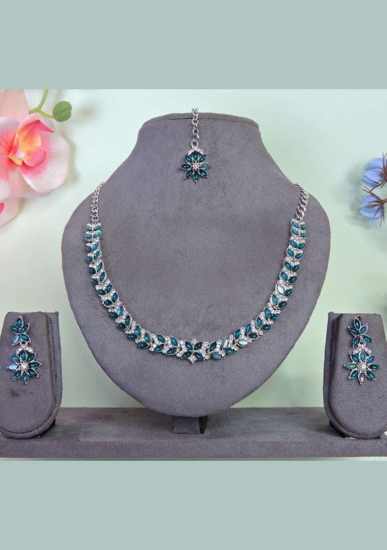Green Alloy American Diamonds and Stone Necklace Set - Indya