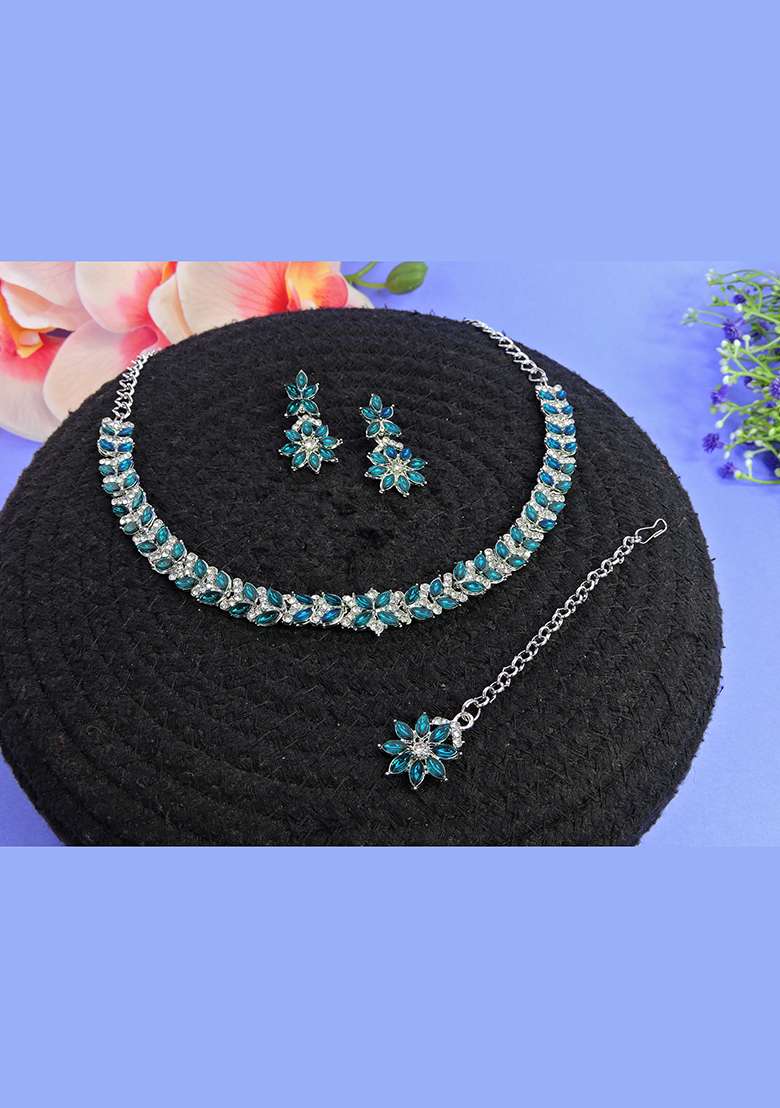 Green Alloy American Diamonds and Stone Necklace Set - Indya