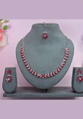 Pink Alloy American Diamonds and Stone Necklace Set