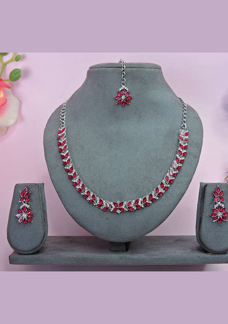 Pink Alloy American Diamonds and Stone Necklace Set - Indya
