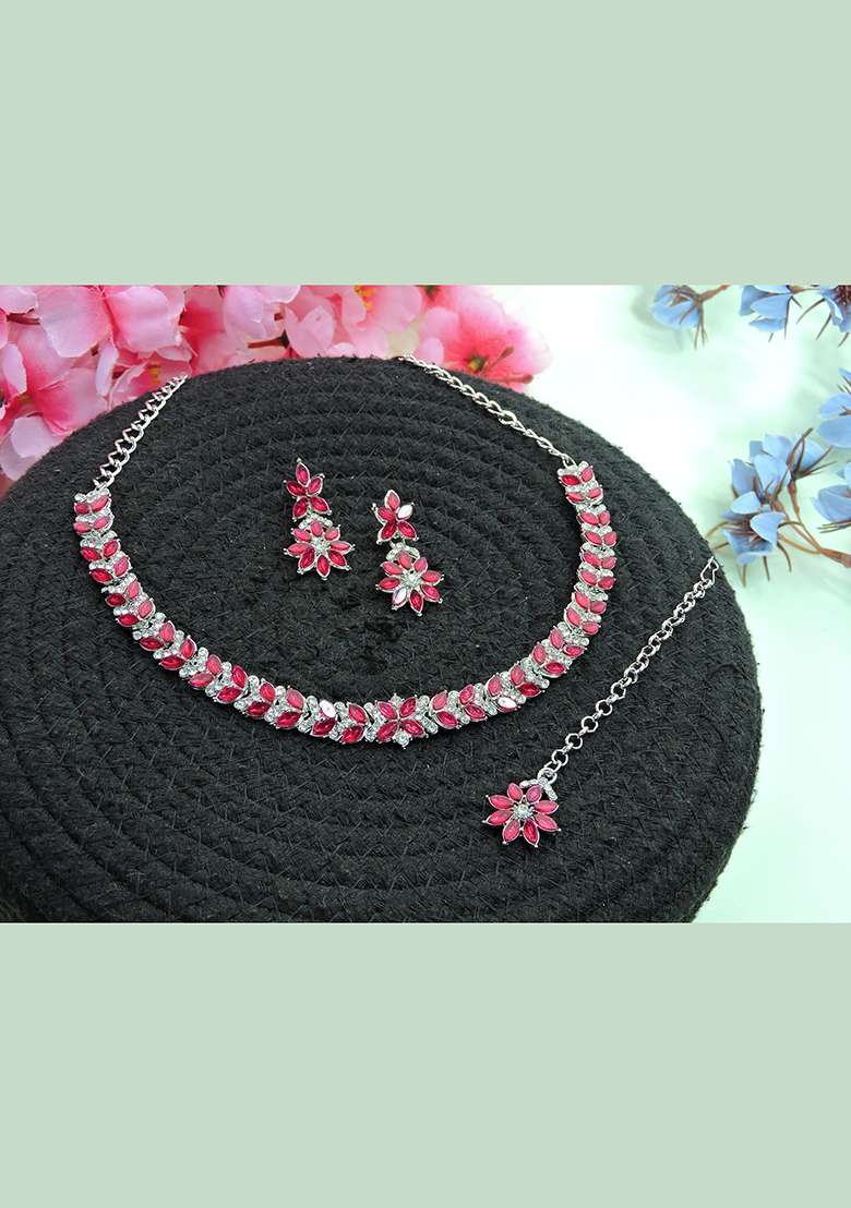 Pink Alloy American Diamonds and Stone Necklace Set - Indya