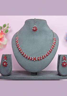 Red Alloy American Diamonds and Stone Necklace Set