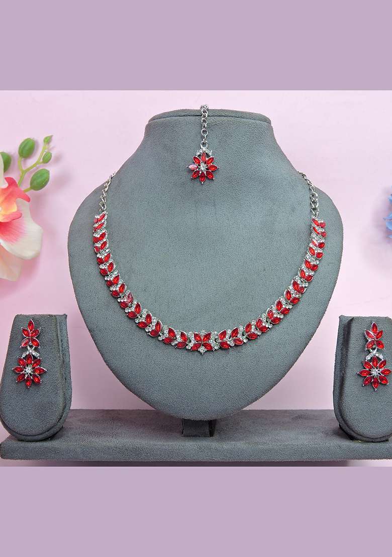 Red Alloy American Diamonds and Stone Necklace Set - Indya