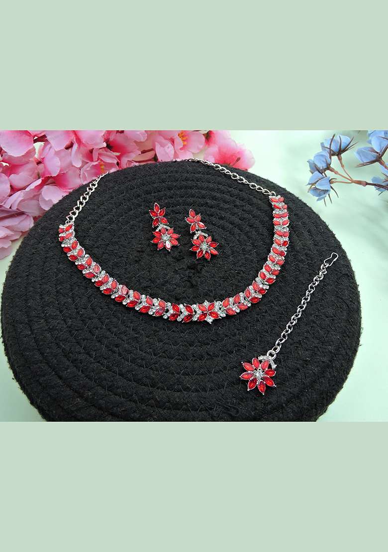 Red Alloy American Diamonds and Stone Necklace Set - Indya