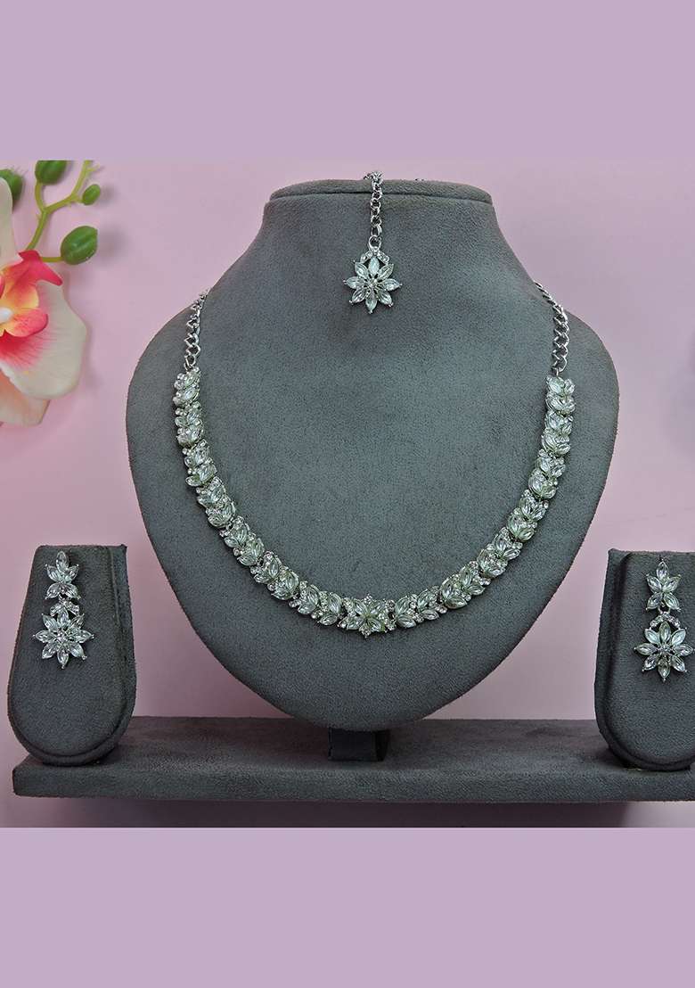 White Alloy American Diamonds and Stone Necklace Set - Indya