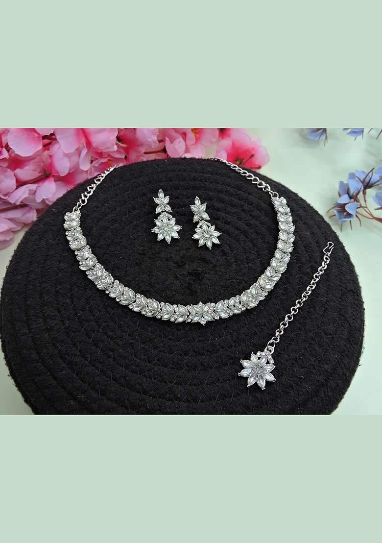 White Alloy American Diamonds and Stone Necklace Set - Indya