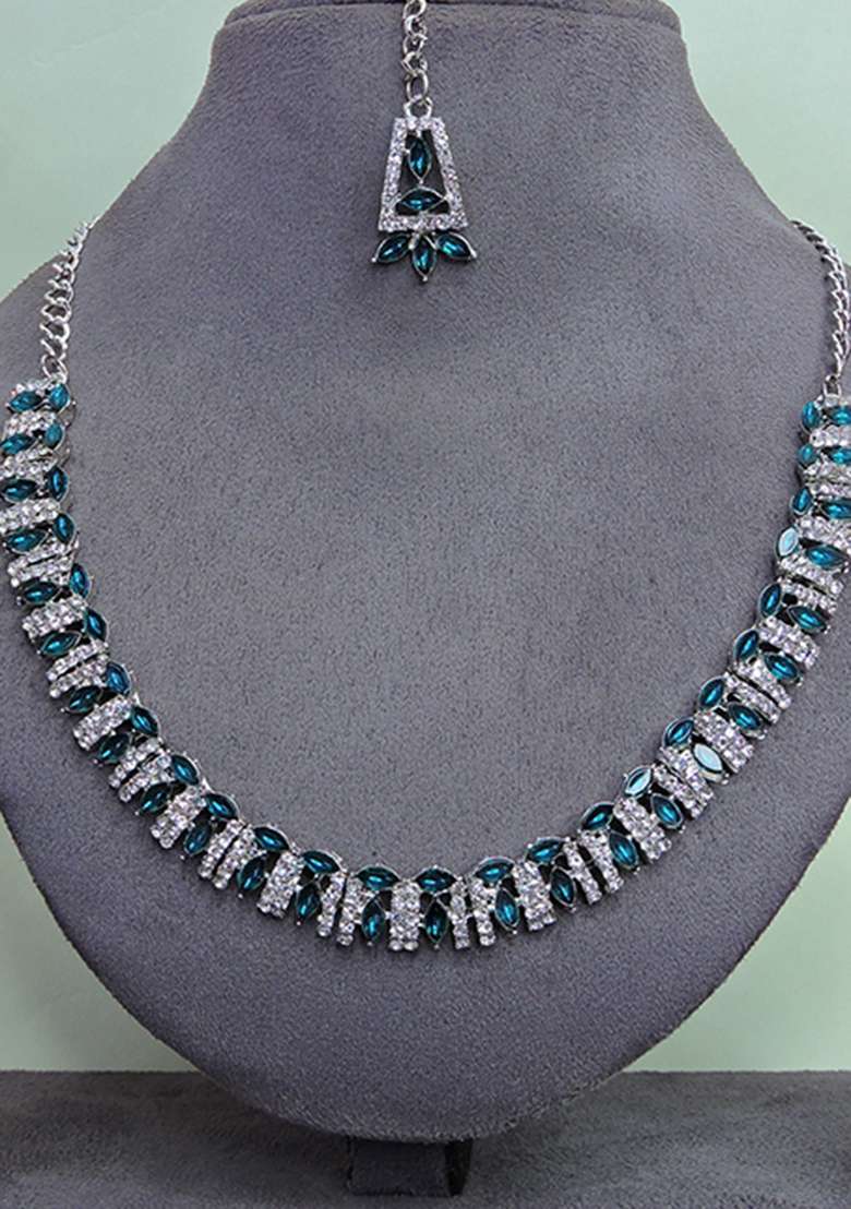 Green Alloy American Diamonds and Stone Necklace Set - Indya