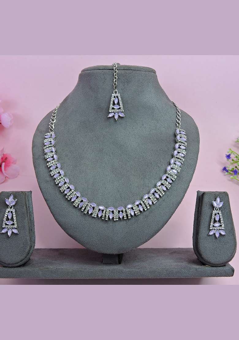 Purple Alloy American Diamonds and Stone Necklace Set - Indya
