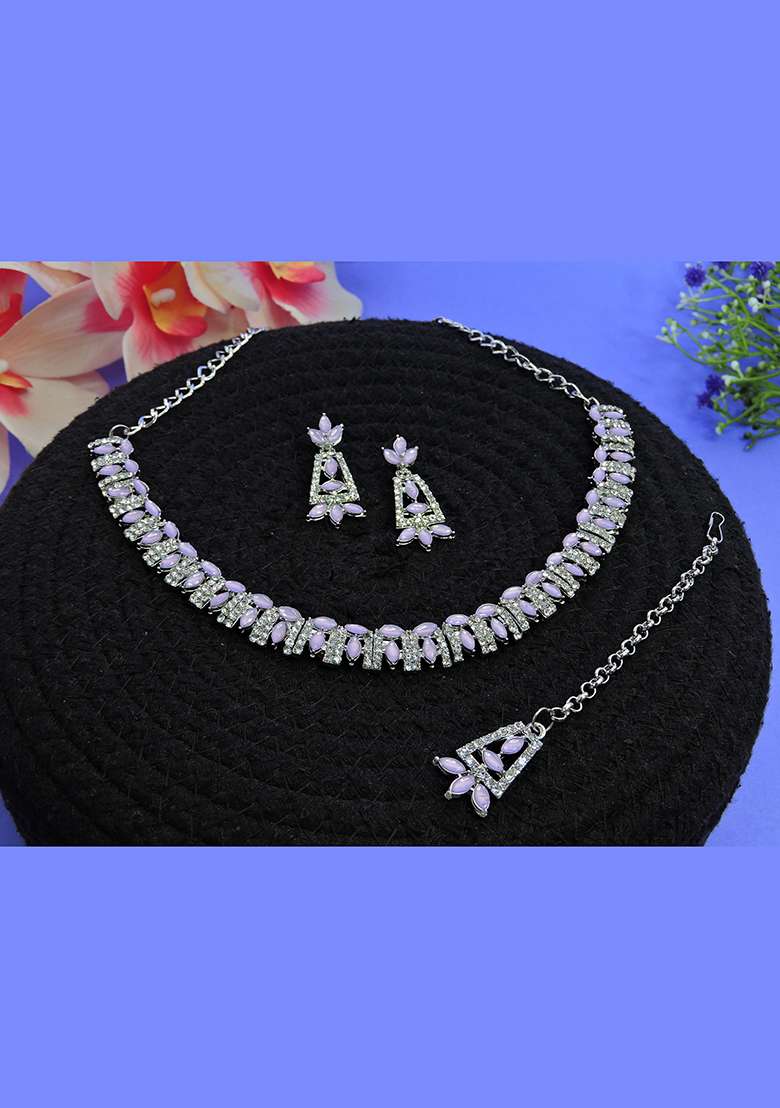 Purple Alloy American Diamonds and Stone Necklace Set - Indya