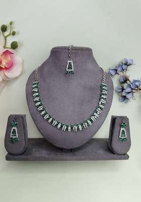 Green Alloy American Diamonds and Stone Necklace Set