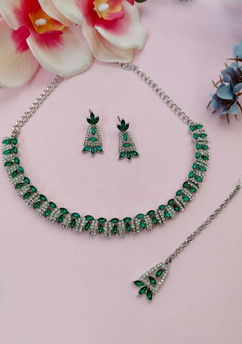 Green Alloy American Diamonds and Stone Necklace Set - Indya